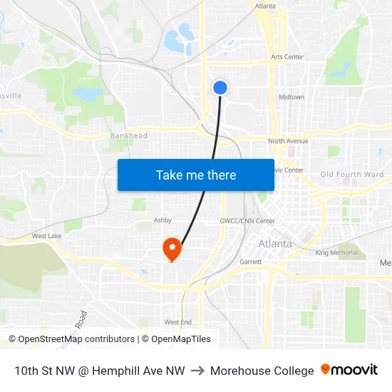 10th St NW @ Hemphill Ave NW to Morehouse College map