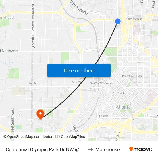 Centennial Olympic Park Dr NW @ North Ave NW to Morehouse College map