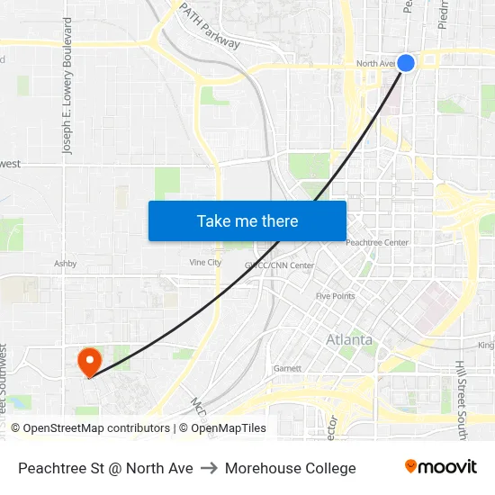 Peachtree St @ North Ave to Morehouse College map