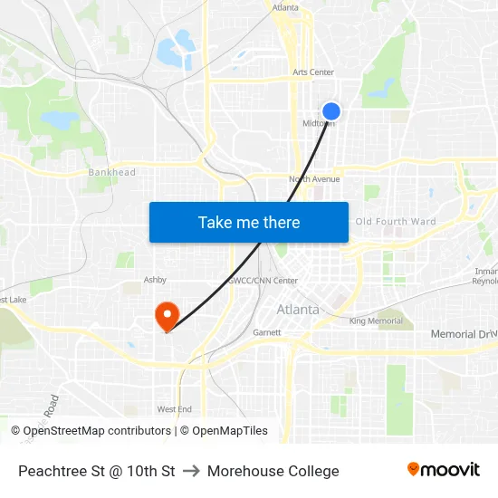 Peachtree St @ 10th St to Morehouse College map