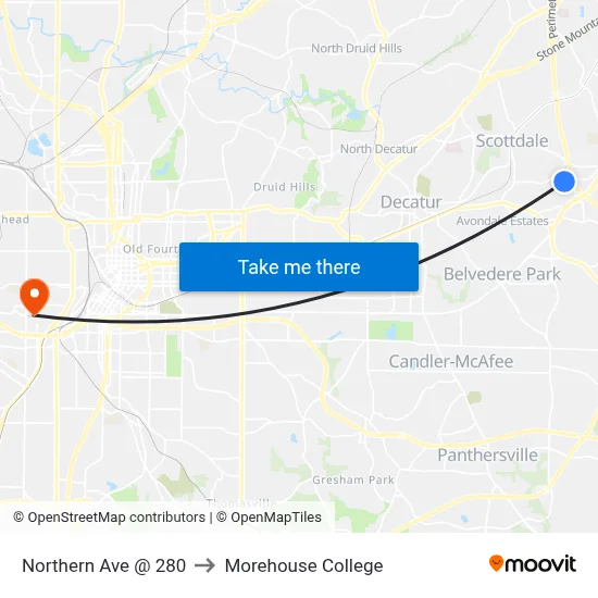 Northern Ave @ 280 to Morehouse College map