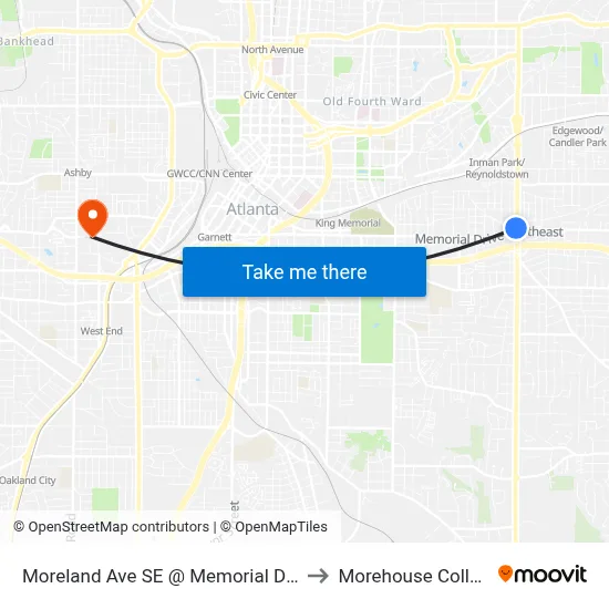 Moreland Ave SE @ Memorial Dr SE to Morehouse College map