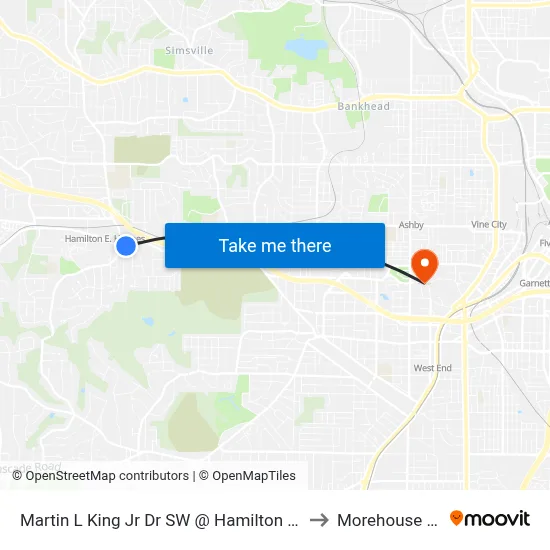 Martin L King Jr Dr SW @ Hamilton E Holmes Dr NW to Morehouse College map