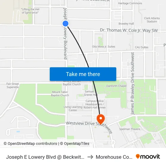 Joseph E Lowery Blvd @ Beckwith St SW to Morehouse College map