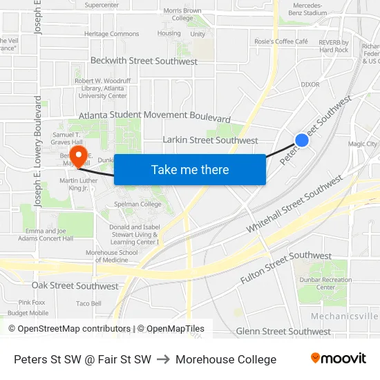 Peters St SW @ Fair St SW to Morehouse College map