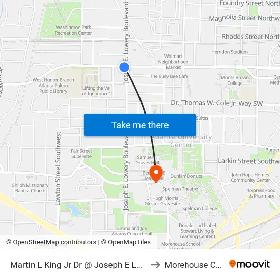 Martin L King Jr Dr @ Joseph E Lowery Blvd to Morehouse College map
