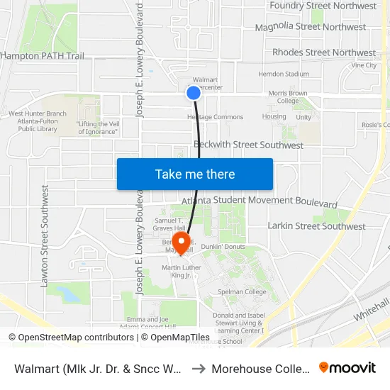 Walmart (Mlk Jr. Dr. & Sncc Way) to Morehouse College map