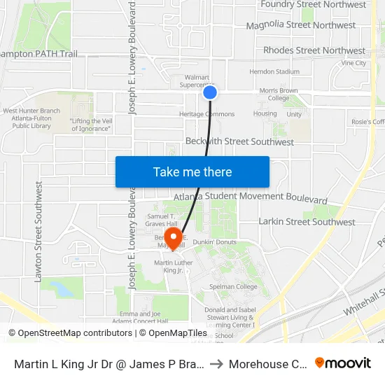 Martin L King Jr Dr @ James P Brawley Dr SW to Morehouse College map