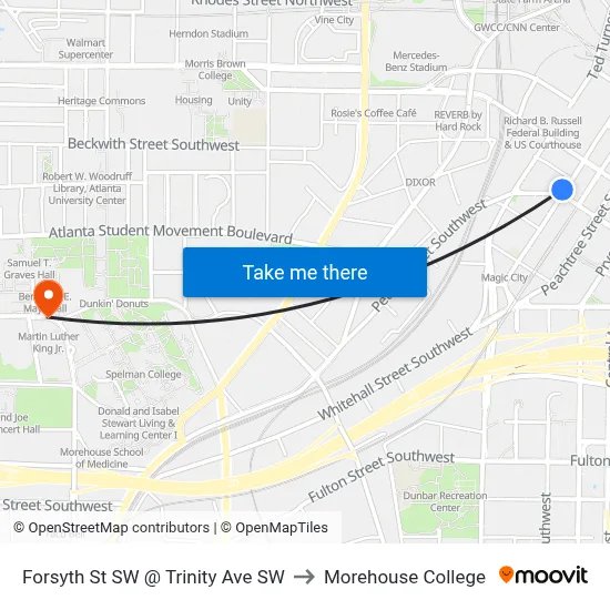 Forsyth St SW @ Trinity Ave SW to Morehouse College map