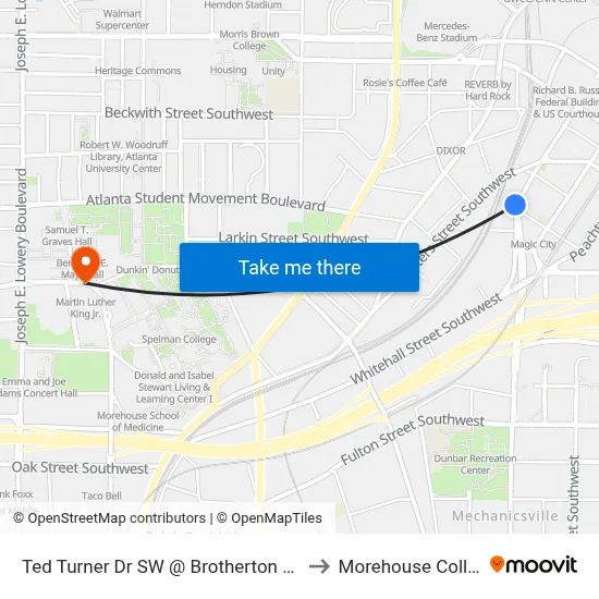 Ted Turner Dr SW @ Brotherton St SW to Morehouse College map