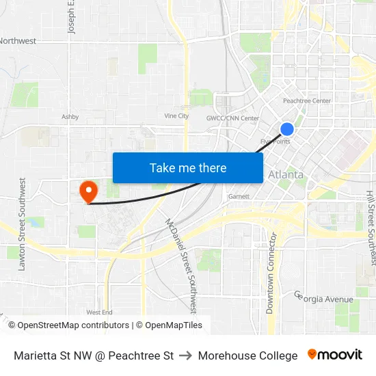 Marietta St NW @ Peachtree St to Morehouse College map