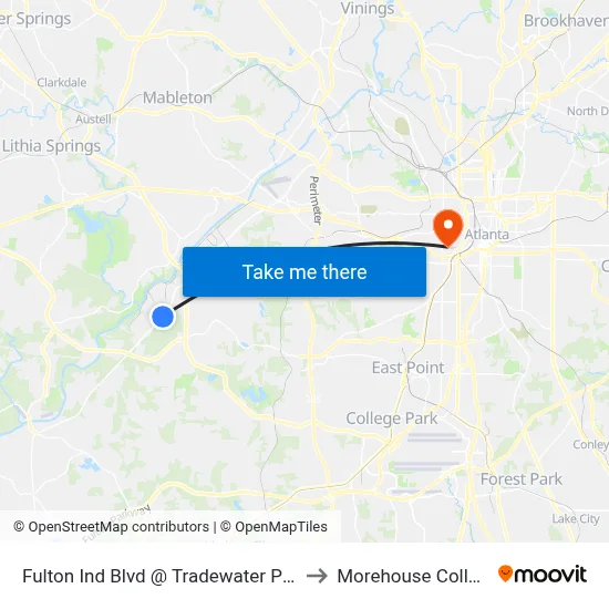 Fulton Ind Blvd @ Tradewater Pkwy to Morehouse College map