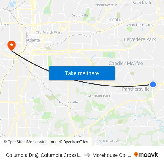 Columbia Dr @ Columbia Crossing Dr to Morehouse College map