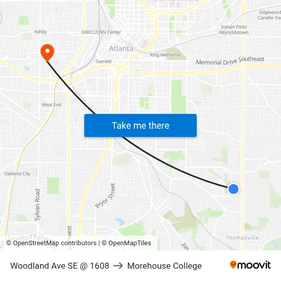 Woodland Ave SE @ 1608 to Morehouse College map