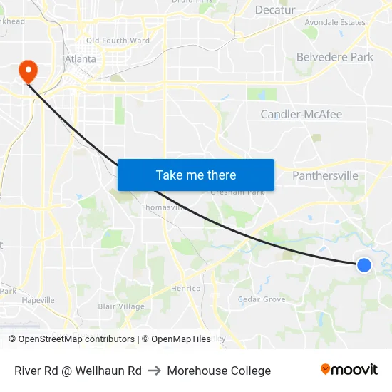 River Rd @ Wellhaun Rd to Morehouse College map