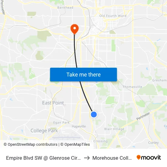 Empire Blvd SW @ Glenrose Cir SW to Morehouse College map