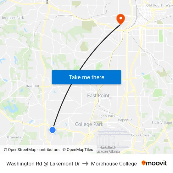 Washington Rd @ Lakemont Dr to Morehouse College map