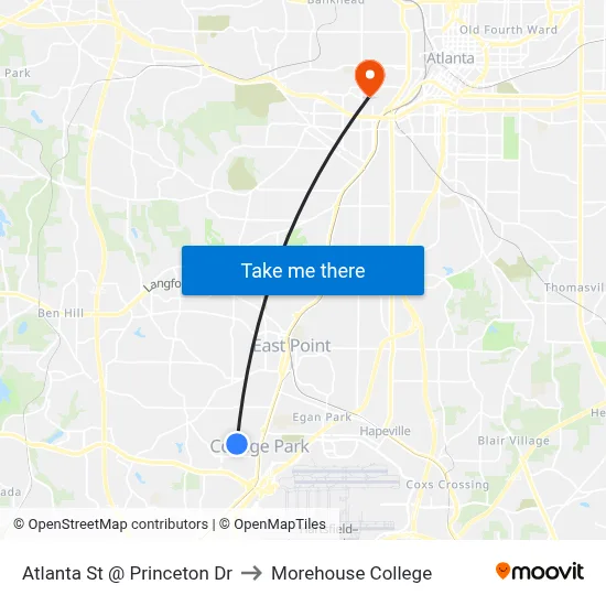 Atlanta St @ Princeton Dr to Morehouse College map