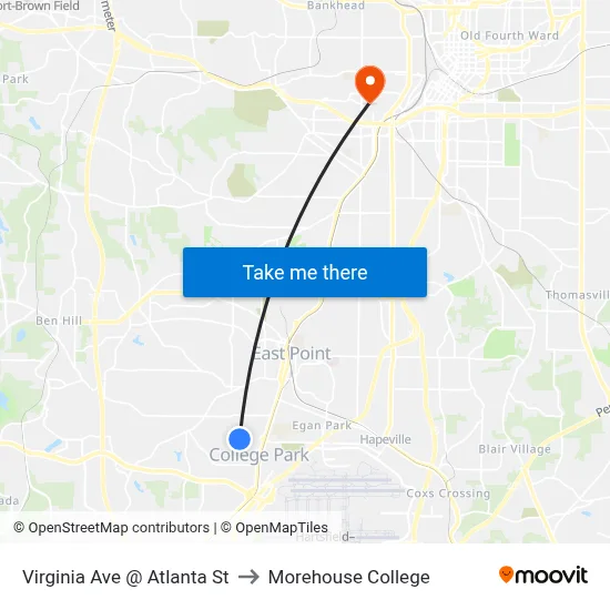 Virginia Ave @ Atlanta St to Morehouse College map