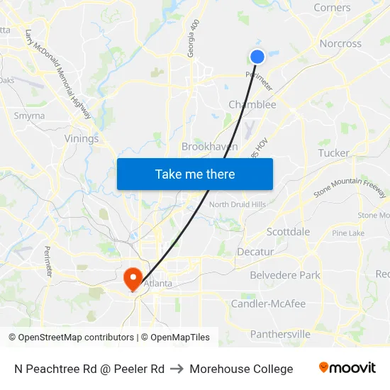 N Peachtree Rd @ Peeler Rd to Morehouse College map