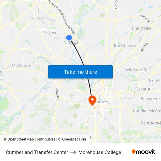 Cumberland Transfer Center to Morehouse College map