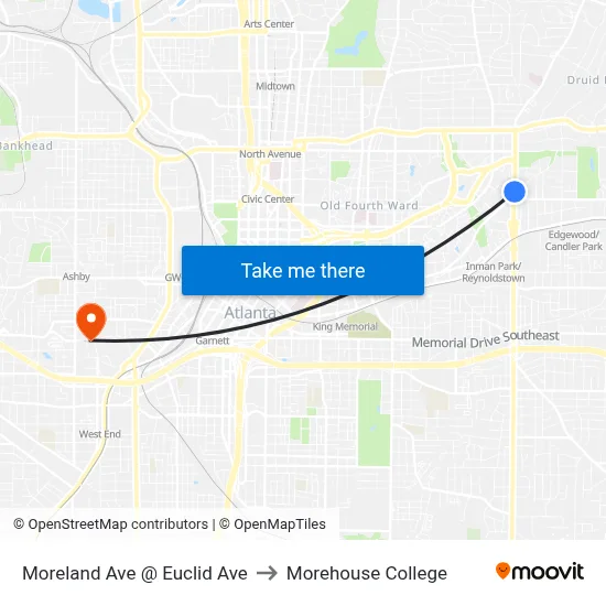 Moreland Ave @ Euclid Ave to Morehouse College map