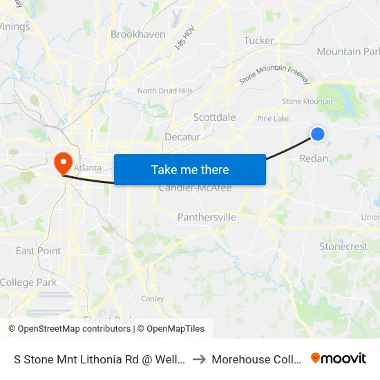 S Stone Mnt Lithonia Rd @ Wells Cir to Morehouse College map