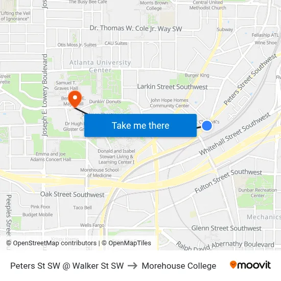 Peters St SW @ Walker St SW to Morehouse College map