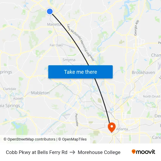 Cobb Pkwy at Bells Ferry Rd to Morehouse College map
