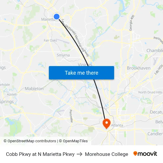 Cobb Pkwy at N Marietta Pkwy to Morehouse College map