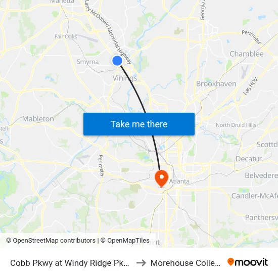 Cobb Pkwy at Windy Ridge Pkwy to Morehouse College map