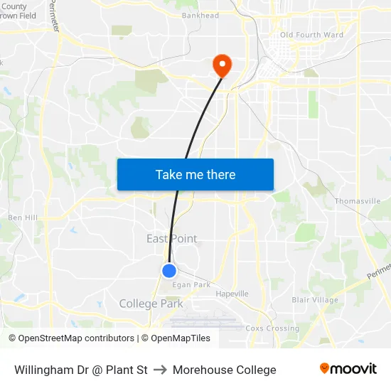 Willingham Dr @ Plant St to Morehouse College map