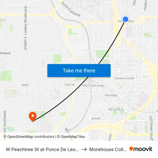 W Peachtree St at Ponce De Leon Ave to Morehouse College map