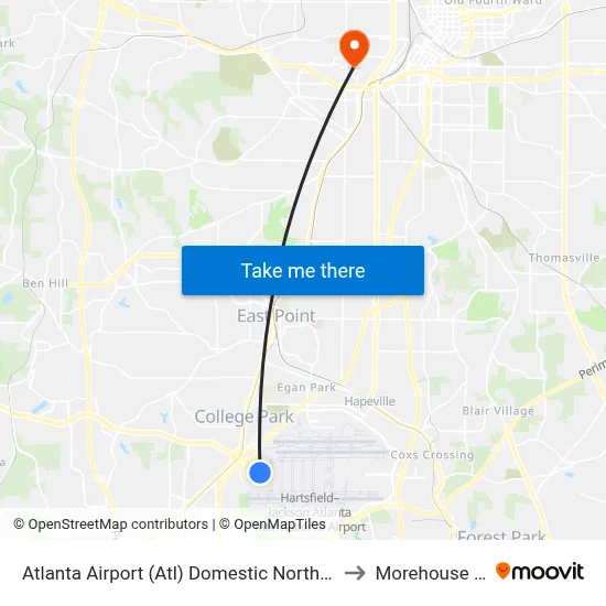 Atlanta Airport (Atl) Domestic North Terminal Dropoffs to Morehouse College map