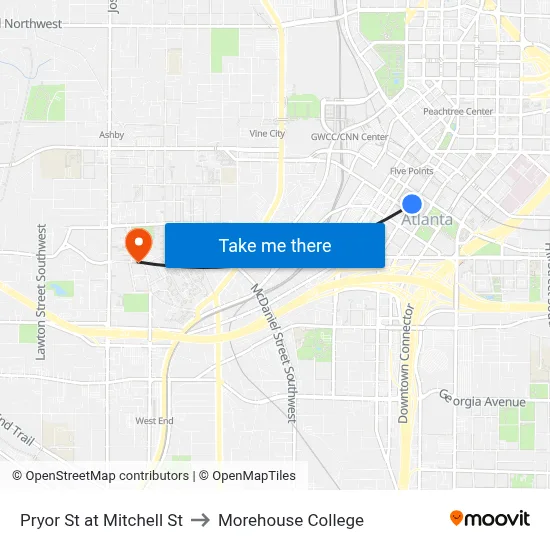 Pryor St at Mitchell St to Morehouse College map