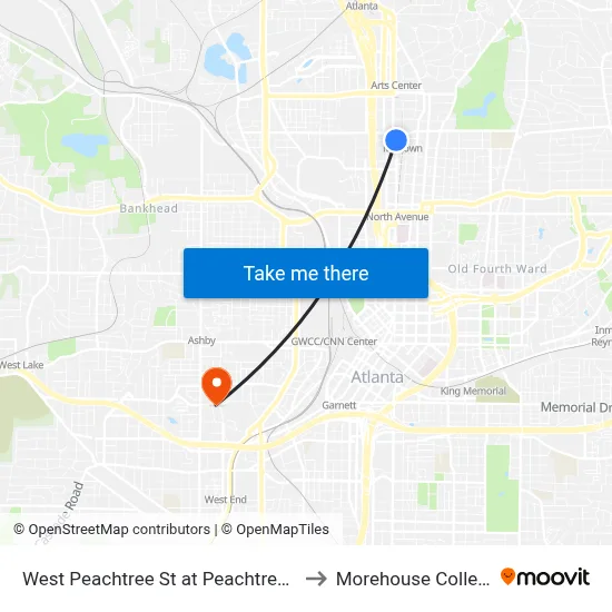 West Peachtree St at Peachtree Pl to Morehouse College map