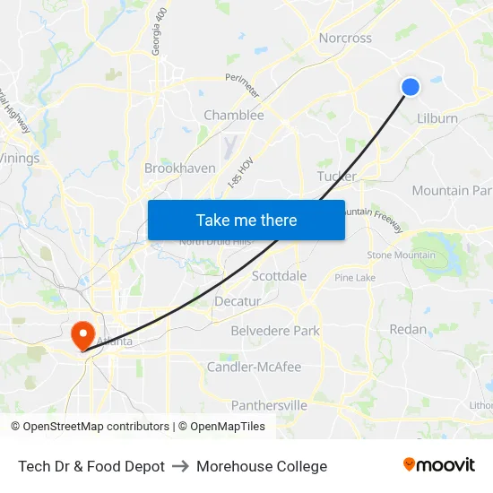 Tech Dr & Food Depot to Morehouse College map