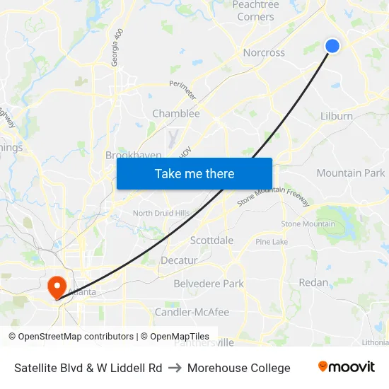 Satellite Blvd & W Liddell Rd to Morehouse College map