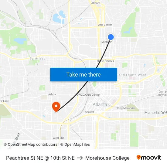 Peachtree St NE @ 10th St NE to Morehouse College map