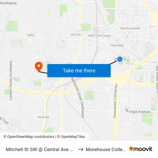 Mitchell St SW @ Central Ave SW to Morehouse College map