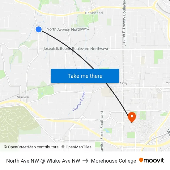 North Ave NW @ Wlake Ave NW to Morehouse College map