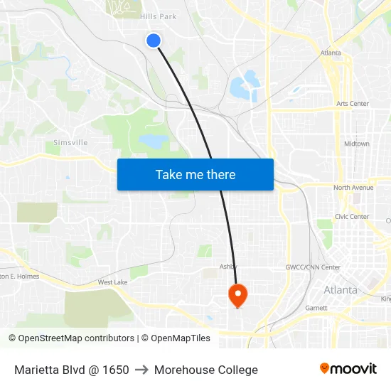 Marietta Blvd @ 1650 to Morehouse College map