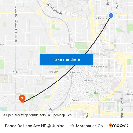 Ponce De Leon Ave NE @ Juniper St NE to Morehouse College map