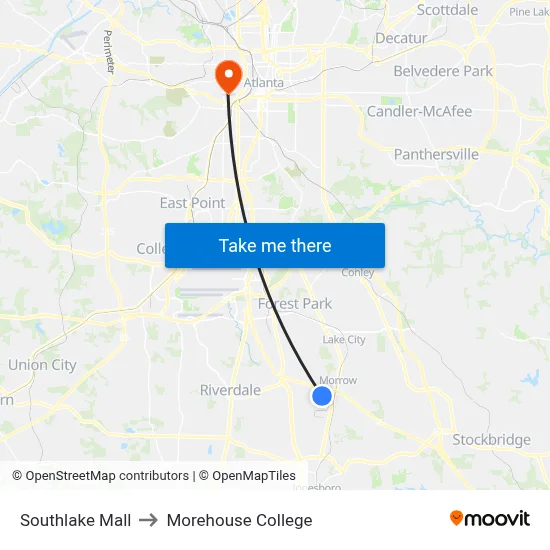 Southlake Mall to Morehouse College map