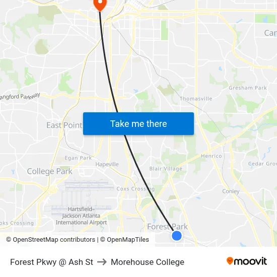 Forest Pkwy @ Ash St to Morehouse College map