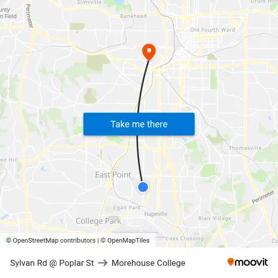 Sylvan Rd @ Poplar St to Morehouse College map