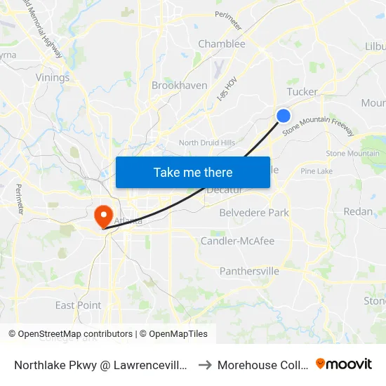 Northlake Pkwy @ Lawrenceville Hwy to Morehouse College map