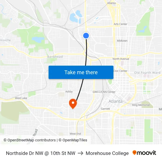 Northside Dr NW @ 10th St NW to Morehouse College map