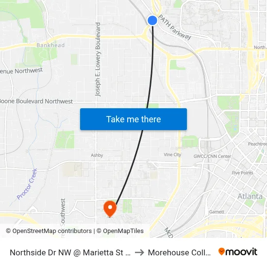 Northside Dr NW @ Marietta St NW to Morehouse College map