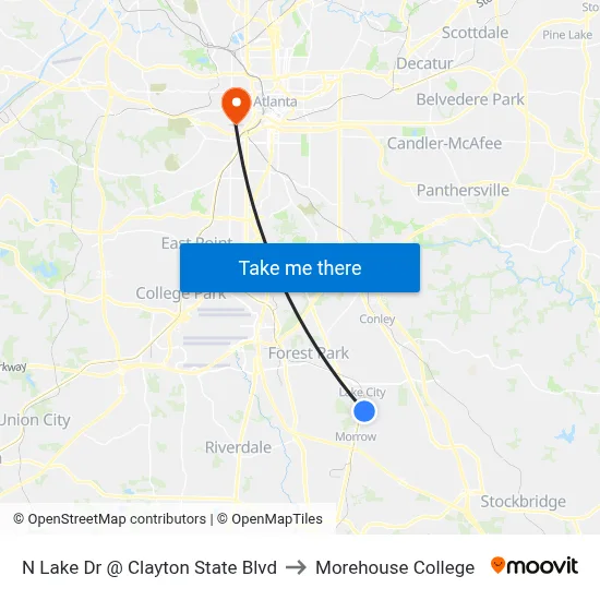 N Lake Dr @ Clayton State Blvd to Morehouse College map
